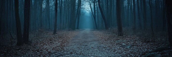 Aufkleber - A tranquil pathway leads deeper into a dense forest, surrounded by trees shrouded in mist, creating a mysterious and serene atmosphere. Generative AI