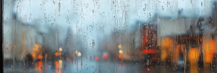 Aufkleber - Raindrops cling to glass, obscuring a quiet street view filled with soft lights as evening sets in, creating a serene atmosphere. Generative AI