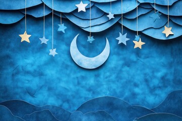 Poster - Decorative elements include a moon and stars suspended from strings, creating a whimsical atmosphere against textured blue layers. Generative AI