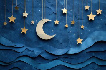 Poster - Enchanting holiday night captured with a paper moon and stars suspended amidst layered blue textures, perfect for imagination and creativity. Generative AI