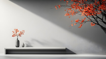 Fototapete - A minimalist interior featuring a shelf, vases, and a striking orange tree, creating a serene and modern aesthetic