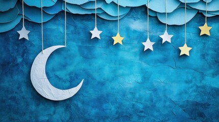Poster - A whimsical display features a paper moon and stars hanging from strings, set against a vibrant blue layered background, inviting creativity. Generative AI