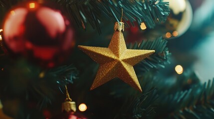 Wall Mural - Gold Star Ornament on Christmas Tree