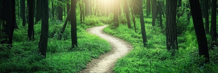 Aufkleber - Winding pathway invites visitors into a tranquil forest filled with greenery and warm sunlight filtering through the trees. Generative AI