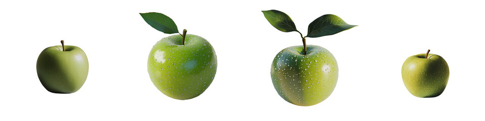 set of A green apple with two leaves, a green apple with two leaves, green apple and two leaves, green apple with two leaves, green apple with two leaves nature scene, on a transparent backgrounds