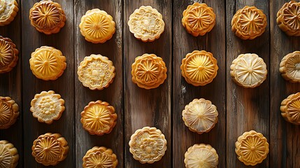 Wall Mural - Assorted mooncakes arranged on wooden surface.