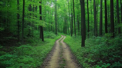 Aufkleber - A winding pathway invites exploration through dense woods, surrounded by lush greenery and towering trees under soft sunlight. Generative AI