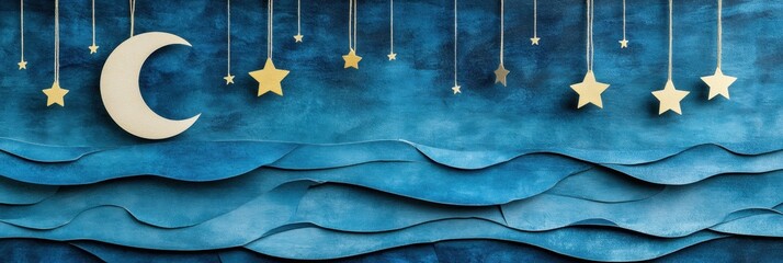 Poster - Crafted moon and stars hang lightly from strings, creating a magical holiday atmosphere against rich blue paper textures, ideal for decoration. Generative AI