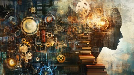 Poster - An abstract collage of education and intelligence, featuring symbols of learning, gears, books, and digital elements, blending modern technology with traditional knowledge.