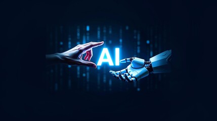 Wall Mural - a robot hand touching a human hand. futuristic background, glowing ai icon. concept of innovation, h