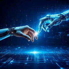 Wall Mural - robot hand touching human hand, futuristic background. concept of innovation, development of high te