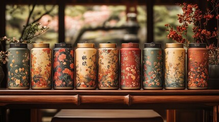 Fototapete - A row of beautifully designed tea canisters showcases intricate floral patterns and vibrant colors on a wooden table. The warm lighting enhances the charm of the traditional surroundings.