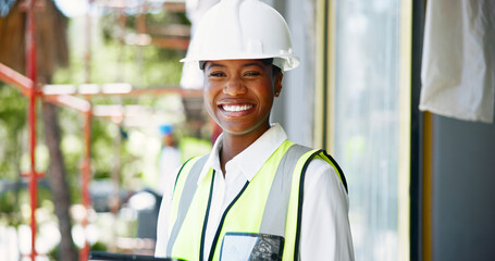 Aufkleber - Black woman, engineer and portrait at construction site, happy and pride for career in city. Person, architect and smile with helmet for safety, property and real estate with development in Kenya