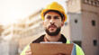 © peopleimages.com - Clipboard, engineer and inspection with man in city for architecture, building or thinking. Construction site, contractor and project manager with person in outdoor for urban development checklist