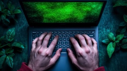 Hands Typing on Laptop  Green Network Screen  Plants Background