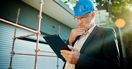 Aufkleber - Construction site, thinking and man with tablet, online checklist and network with schedule. Mature person, architecture and employee with hard hat, tech and connection with inspection and safety