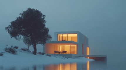 Wall Mural - Modern Minimalist House Near Water at Dusk