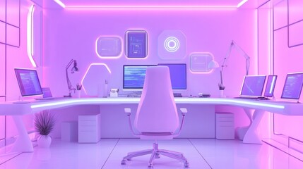 futuristic purple office workspace with modern computers