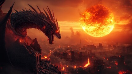 Wall Mural - the sky is filled with a fiery orange sun, casting an eerie glow over the scene