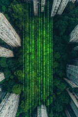 Leinwandbilder - Aerial View of a Modern City with Glowing Green Digital Network Lines