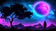 © Narongsag - Astronaut  Cosmic Landscape  Galaxy  Planet Rings  Night Sky  Purple Nebula  Silhouette Tr