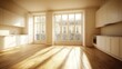© AGUNG - Sunlit empty apartment kitchen with hardwood floors and large windows.