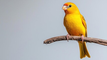 Wall Mural - A photostock of a yellow canary perched on a neutral stick, isolated on a plain white surface, representing nature and wildlife themes. High Quality