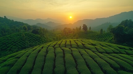 Poster - Lush green tea plantations extend across rolling hills as the sun sets in the background, creating a tranquil atmosphere in the mountainous landscape.