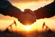 © Space Priest - Business handshake at sunset with oil rig silhouettes