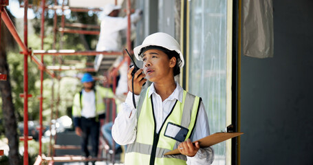 Poster - Construction site, engineering and woman with radio, clipboard and productivity for project. Employee, architecture or management for renovation, conversation and safety with documents or real estate