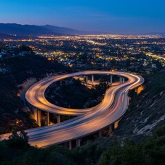 Poster - Top view and curvy of Highway overpass with beautiful city background. night scene.