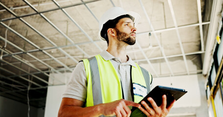 Poster - Construction site, thinking and man with tablet, engineering and network with online schedule. Person, architecture and employee with hard hat, technology and connection with digital app and network