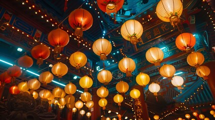 Wall Mural - Close-up of colorful lanterns hanging from ceiling, illuminated against dark background.