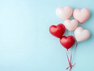 Wall Mural - heart-shaped balloons in red and pink colors tied with strings on a light blue background. minimalis