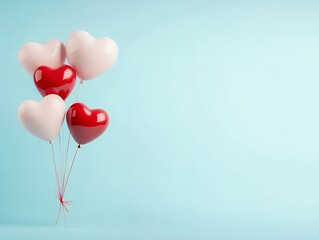 Wall Mural - heart-shaped balloons in red and pink colors tied with strings on a light blue background. minimalis