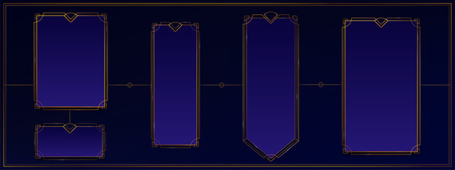 Deco frame for ui game. Medieval fantasy button for luxury interface. Magic islamic blue gradient rectangle box with golden royal thin ornament. Chic gui icon set for premium app design vector