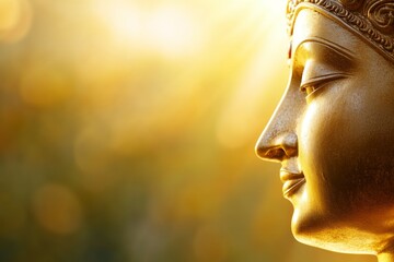 Wall Mural - Serene buddha face in golden sunlight - spiritual and tranquil art with radiant background