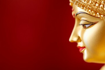 Wall Mural - Golden buddha statue against red background with intricate details