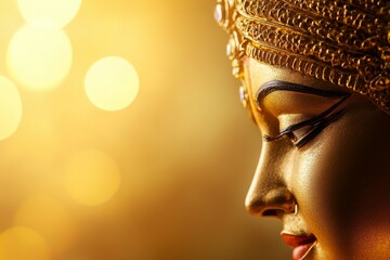 Wall Mural - Close-up of golden indian goddess statue with intricate details and soft bokeh light