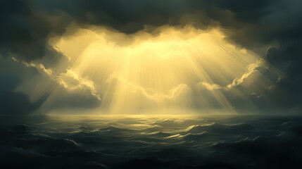 Wall Mural - Serene Ocean Scene with Dramatic Clouds and Sunlight Rays