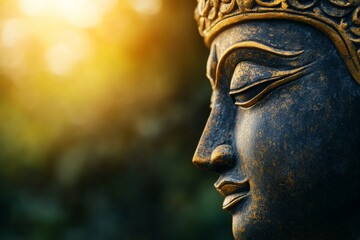 Peaceful buddha face statue in sunlight with meditative expression