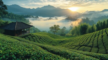 Aufkleber - Golden sunlight breaks over the horizon, illuminating the rolling hills of tea plants. A peaceful wooden pavilion stands amidst the vibrant greenery, surrounded by misty hills.