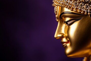 Wall Mural - Golden buddha head with jewel-encrusted crown on purple background