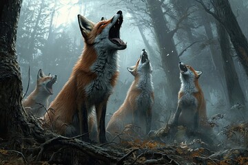 Poster - Three Red Foxes Howling in a Misty Forest