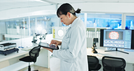 Wall Mural - science, research and woman in lab with tablet, virus engineering or medical innovation. search, rea