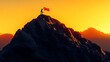 © santima - Person on mountain peak with flag at sunset.