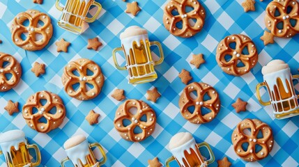 Wall Mural - A blue and white checkered background with a variety of cookies and beer mugs. The cookies are arranged in a pattern and the mugs are placed in different positions. Scene is festive and celebratory