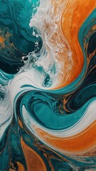 Wall Mural - Blue, white and orange swirl of sea water like liquid waves abstract background phone wallpaper 9:16 AR