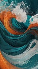 Wall Mural - Blue, white and orange swirl of sea water like liquid waves abstract background phone wallpaper 9:16 AR