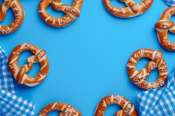 Wall Mural - A blue and white checkered tablecloth with a variety of pretzels on it. The pretzels are arranged in a circle around the tablecloth, creating a visually appealing and appetizing display